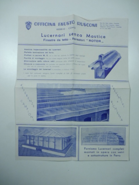 Officina Fausto Rusconi Rebbio, Como. Lucernari senza mastice. Finestre da tetto... Foglio pubblicitario